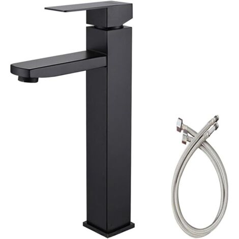 Robinet de lavabo noir , robinet de salle de bain monotrou avec tuyau d'alimentation en eau , robinet de lavabo haut , finition noir mat brossé (1/4)