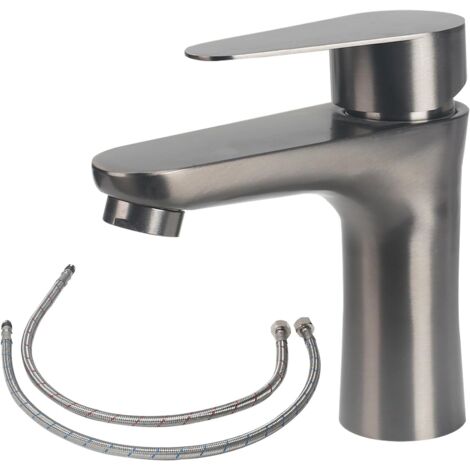 Robinet mitigeur de lavabo en acier inoxydable 304 , robinet de salle de bain avec flexible , robinet d'évier avec accessoires d'installation , savon pour les mains eau chaude et froide (gris) (1/5)