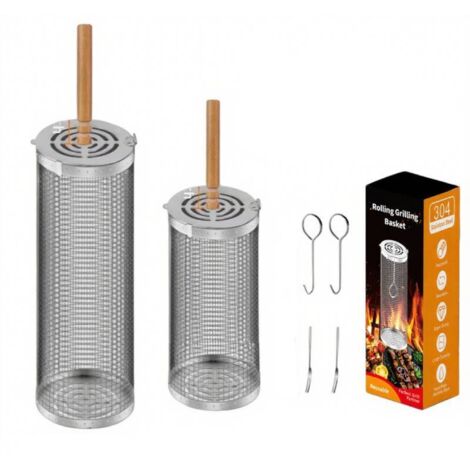 Ensemble de paniers à grillades enroulables et emboîtables (avec poignée en bois , 2 pièces) , paniers à grillades portables enroulables , accessoires pour grillades de légumes et de poisson en plein (1/5)