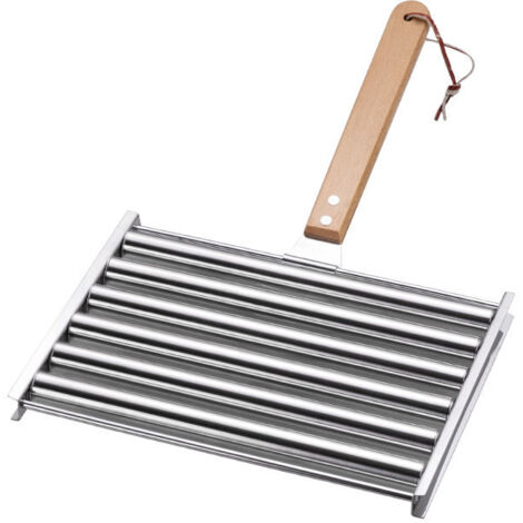 Rouleau à saucisses pour barbecue en acier inoxydable avec poignée en bois extra longue , pour hot-dog , merguez , grillades , accessoire rotatif de barbecue capacité 5 saucisses (1/5)