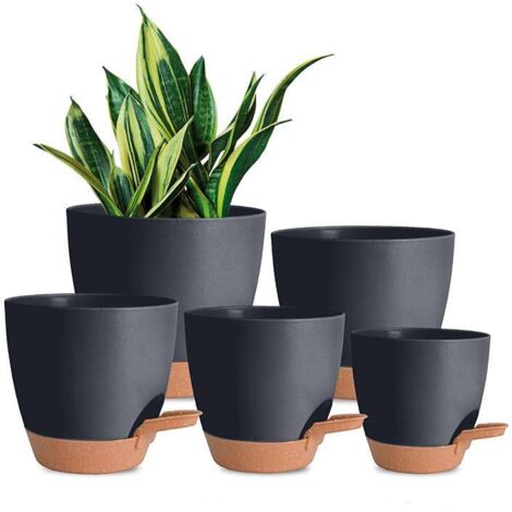 5 Pcs Pots de Fleurs en Plastique,17.8/16.5/15.2/13.9/12.7cm Pots à Fleurs/Plantes en Plastique,Auto-Arrosant avec Soucoupe de Fleur Convient aux Jardins de Balcon Intérieurs et Extérieurs(Noir Marron (1/5)