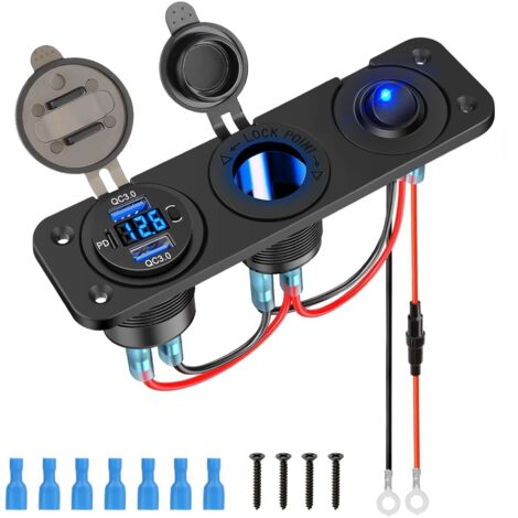 Panneau de prises USB, Répartiteur Allume-Cigare, Double Chargeur QC3.0 USB A et USB C avec Voltmètre LED pour Voiture 12V/24V (1/5)