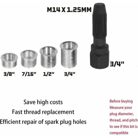 5pcs Kit de réparation pour Filetage de Bougies d'allumage M14 x 1,25, Kit de refiletage de Culasse, Rethreading Bougie, Outil de réparation de Filetage de Cylindre d'alésoir de 14 mm
