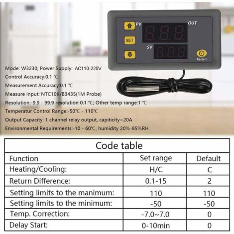 1 Pièce W3230 AC 110V-220V Régulateur de température numérique, Interrupteur de Commande de Thermostat à Affichage numérique 20A avec sonde de capteurs NTC 10K (1/4)