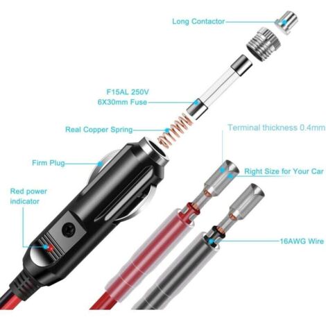 2 Pcs Adaptateur Mâle pour Allume-Cigare avec Câble d'alimentation 16 AWG 12V/24V Universel, pour onduleur de Voiture, Pompe à air, Tasse électrique