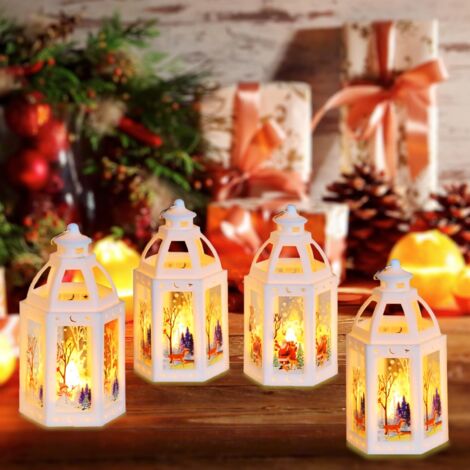 Lot De 4 Lanternes Noël Bougie LED - Décorations Intérieur Extérieur Avec Père Noël, Élan, Bonhomme De Neige - Lumière Blanche Chaude 13x5cm Lot De 4 Lanternes Noël Bougie LED - Décorations Intérieur Extérieur Avec Père Noël, Élan, Bonhomme De Neige - Lumière Blanche Chaude 13x5cm