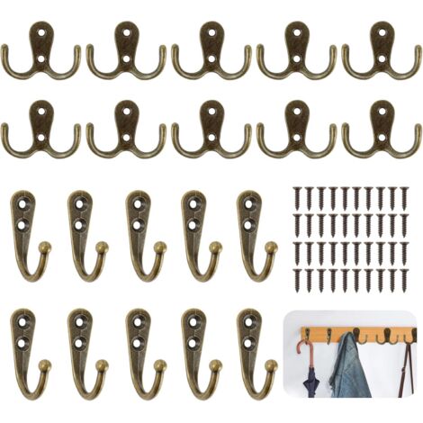 Lot de 20 crochets muraux doubles vintage en bronze avec vis pour porte, armoires, cuisine, bureau (1/5)