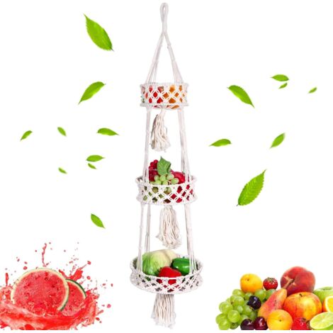 Corbeille à fruits tissée à la main avec corde en coton, filet circulaire en bambou bohème, panier à fruits tissé, panier suspendu à 3 niveaux pour cuisine, pour stocker des fruits et légumes (1/5)