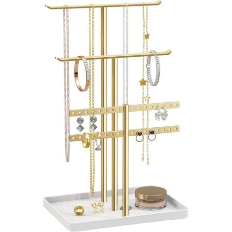 Organisateur de Support à Bijoux à 3 Niveaux - Support Solide pour 80 Pièces de Bijoux - Porte-Bijoux Doré - Porte-Bijoux pour Colliers, Boucles d'oreilles, Bracelets, Bagues - Cadeau pour Femmes