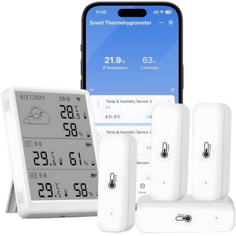 Thermomètre hygromètre WiFi - Capteur de température et d'humidité par application - Portée de 100 m - Compatible avec Alexa (4 capteurs + station de base)