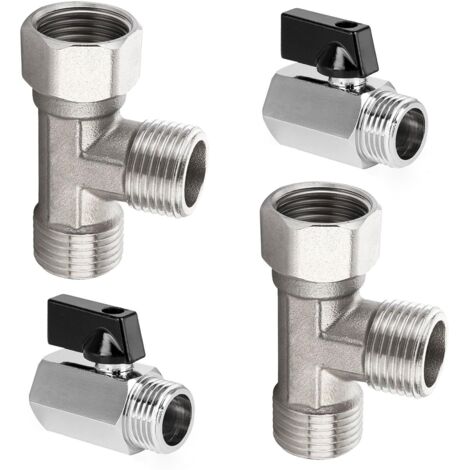 2 Pièces Mini Robinets à Boisseau Sphérique avec Vanne 3 Voies, Fils Internes et Externes à 4 Points, Pivotant à 90°, Raccord en T 1/2", Convient pour les Toilettes de la Salle de Bains (Argent)