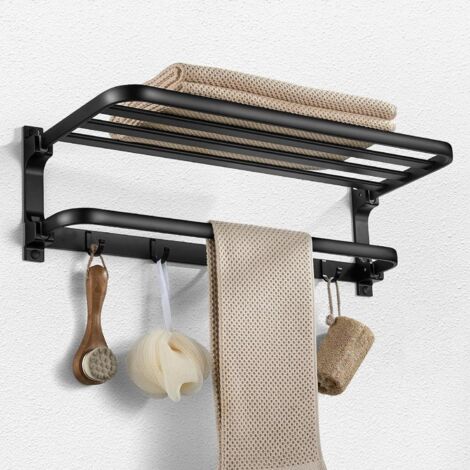 Porte-serviettes noir en aluminium, porte-serviettes mural pliable, double niveau avec crochets, noir mat, antirouille, 58 cm (1/5)
