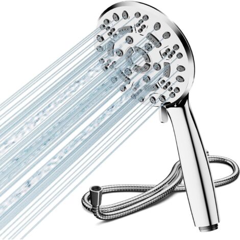 Pommeau de douche avec tuyau - Économe en eau - 8 types de jet - Grande douche à effet pluie - Augmente la pression - Chromé (1/5)