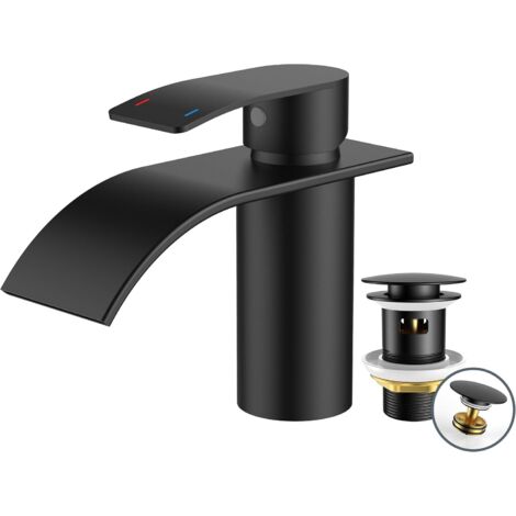 Robinet de salle de bain avec bonde - Robinet cascade en acier inoxydable avec hauteur de bec 80 mm - Mitigeur monocommande pour eau froide et chaude dans la salle de bain - Économie d'eau (1/5)