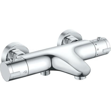 Mitigeur Douche Thermostatique, Mitigeur Baignoire Thermostatique en Laiton, Robinet de Baignoire avec Thermostat Arrêt de Sécurité à 38°C, Mural Robinet de Douche avec 2 Sorties Chromé (1/5)