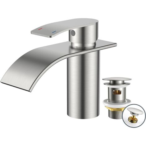 Robinet de salle de bain avec bonde - En acier inoxydable - Avec hauteur de bec - 80 mm - Mitigeur monocommande pour eau froide et chaude dans la salle de bain (1/5)