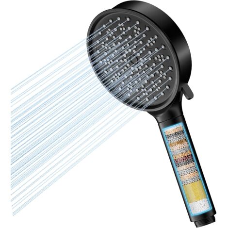 Pommeau de douche avec Filtre, Économe en Eau, Eau Dure avec Filtration en 20 Couches, 6 Types De Jet Haute Pression avec Filtre Anti-Calcaire (Noire)