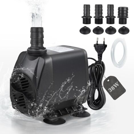 Pompe à Eau Submersible Pompe 2000L/H Pompe de Bassin 38W Pompe de Filtration, Pompe à Fontaine, Pompe D'alimentation, Pompe Ruisseau avec Câble de 2M, Tuyau, 4 Buses pour Étang Aquarium