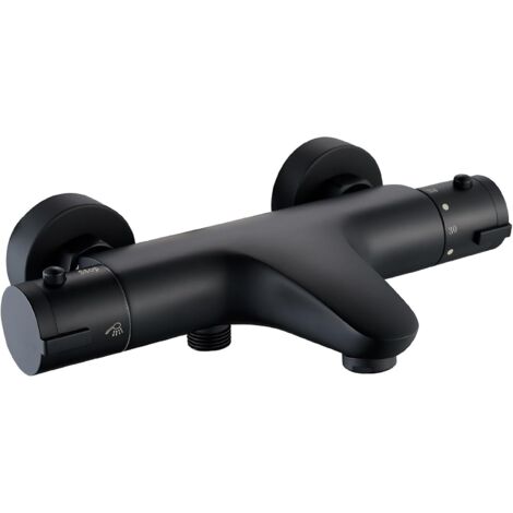 Mitigeur Douche Thermostatique Noir, Mitigeur Baignoire Thermostatique en Laiton, Robinet de Baignoire avec Thermostat Arrêt de Sécurité à 38°C, Mural Robinet de Douche avec 2 Sorties, Noir (1/5)