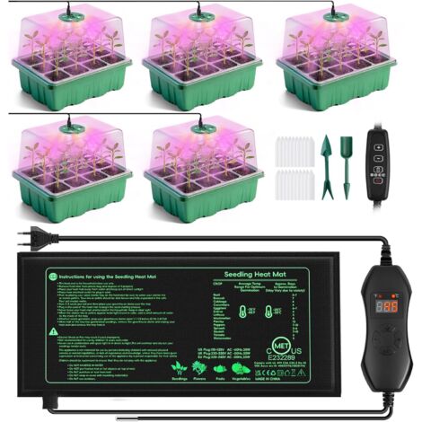 Mini Serre avec Lampe pour Plantes Tapis Chauffant, 5 Pièces Mini Serre pour Semis avec Thermostat Luminosité Réglable, Serre épaissie avec Couvercle et Ventilation