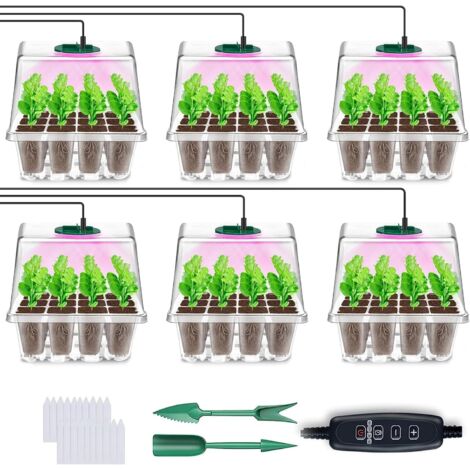 Mini Serre pour Plantes avec Lampes de Culture, 6 Pièces Bac à Semis avec Contrôleur de Minuterie de Luminosité Réglable, Épaissir Boite Semis, pour Plantation de Semis, Transparent (1/5)