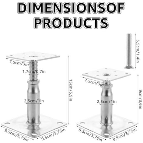 Lot de 4 Supports de Poteau Bois, Galvanisés Réglables en Hauteur 100 à 150 mm, 75 x 95 mm à visser, Pied de Poteau Reglable pour Clôtures, Abris, Pergolas