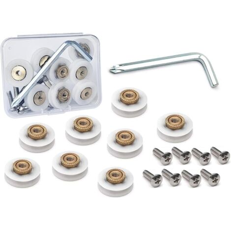 Lot de 8 roulettes de rechange pour porte de douche en acier inoxydable avec vis et kit d'outils dans un coffret en plastique compact (roue de 19 mm de diamètre, classique, option 3) (1/4)