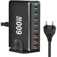 Chargeur C 600 W - Station de Charge Rapide avec 5 USB-C et 3 Ports USB-A PD PPS 140 W - Bloc d'Alimentation pour MacBook Pro/Air, Samsung