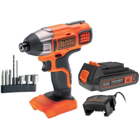 BLACK+DECKER Herramientas - Atornillador de impacto inalámbrico 18V con accesorios, 1 batería 2,0 Ah Li-Ion, cargador BDCIM18D1A-QW