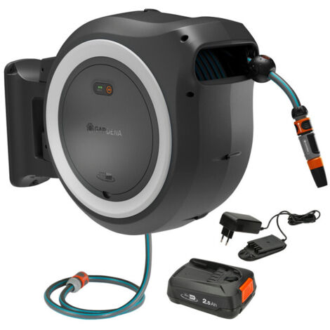 GARDENA Portamangueras PowerRoll XL a batería 18V POWER FOR ALL, 35 m de manguera, línea blanca, anti heladas y rayos UV, recogida de manguera automático, batería y cargador incluidos (18642-20) (1/5)