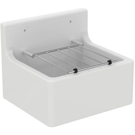 Porcher – Pilón de agua cerámico 46 x 38 cm – Rejilla para cubos – Montaje sobre soportes D5705AC o patas S9233MY – Color blanco (1/3)