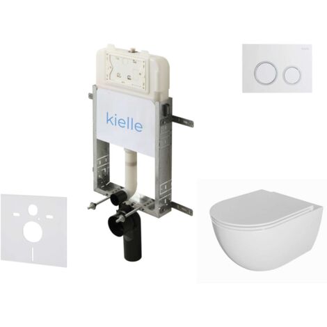 kielle Genesis New - Conjunto de instalación empotrada, inodoro Oudee Rimless, asiento soft‑close y placa de descarga Gemini New II, blanco brillante/cromo 30528SZ04