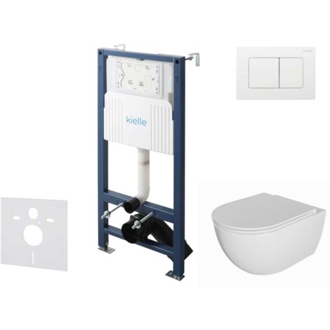 kielle Genesis New - Conjunto de instalación empotrada, inodoro Oudee, Rimless, asiento softclose y pulsador Gemini New III, blanco brillante 30528SS07