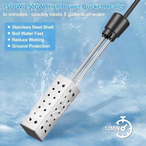Immersion Water Heater, 2500W Electric Portable Heater with 304 Stainless Steel Cover and Thermostat, Auto Shutoff, Heats 5 Gallons Water in Minutes, Warmer Water Heater