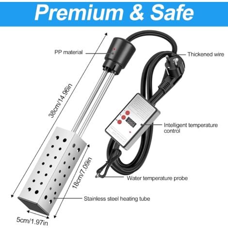 Immersion Water Heater, 2500W Electric Portable Heater with 304 Stainless Steel Cover and Thermostat, Auto Shutoff, Heats 5 Gallons Water in Minutes, Warmer Water Heater