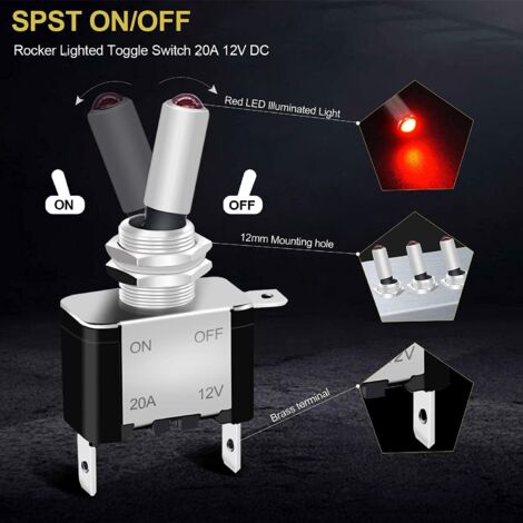 Uxcell SPST Latching Rocker Toggle Switch With White LED - 20A 12V 3-Pin ON-Off Switch