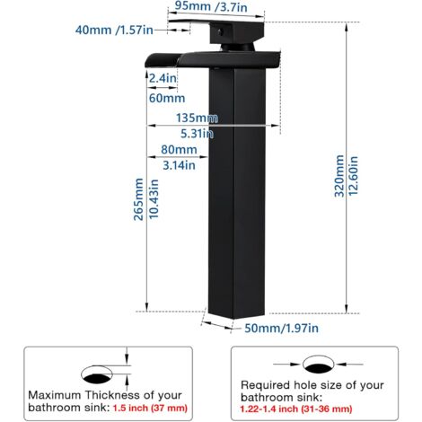 Modern Black Waterfall Bathroom Mixer Tap, Waterfall Basin Mixer Tap, Basin Mixer Tap, Brass Bathroom Mixer Tap, Available in Cold and Hot Water (Height 32cm)