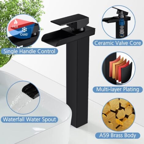 Modern Black Waterfall Bathroom Mixer Tap, Waterfall Basin Mixer Tap, Basin Mixer Tap, Brass Bathroom Mixer Tap, Available in Cold and Hot Water (Height 32cm)