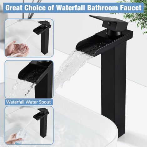 Modern Black Waterfall Bathroom Mixer Tap, Waterfall Basin Mixer Tap, Basin Mixer Tap, Brass Bathroom Mixer Tap, Available in Cold and Hot Water (Height 32cm)