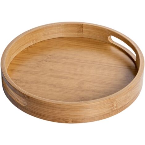 Round Wooden Serving Tray with Handles, Round Decorative Tray, Natural Bamboo, Decorative Tray for Cafe, Bar, Restaurant (Brown), 30x30x4cm