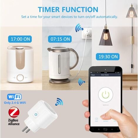 16A WLAN Smart Plug, 3680W Smart Plug with Remote Control and Voice Control, Alexa Smart Plug Measures Energy Consumption, 2.4G WiFi Plug Compatible with Alexa and Google Home 2 Pack