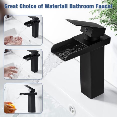 Modern Black Waterfall Bathroom Mixer Tap, Waterfall Basin Mixer Tap, Basin Mixer Tap, Brass Bathroom Mixer Tap, Available in Cold and Hot Water (Height 20cm)