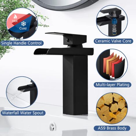 Modern Black Waterfall Bathroom Mixer Tap, Waterfall Basin Mixer Tap, Basin Mixer Tap, Brass Bathroom Mixer Tap, Available in Cold and Hot Water (Height 20cm)