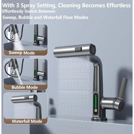 Waterfall Kitchen Faucet with Sprayer Brushed Nickel Stainless Steel Pull Down Kitchen Faucet Rotatable Farmhouse Commercial Bar Faucet, Gray