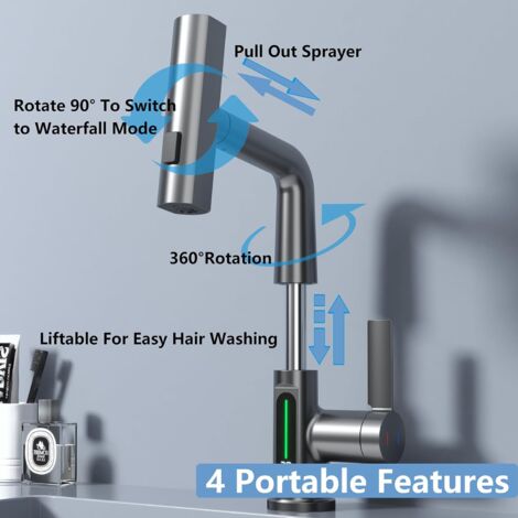 Waterfall Kitchen Faucet with Sprayer Brushed Nickel Stainless Steel Pull Down Kitchen Faucet Rotatable Farmhouse Commercial Bar Faucet, Gray
