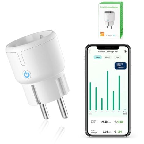 WLAN smart plug, wifi socket with timer, mini plug, app remote control, current measurement, Alexa/Google home compatible, only 2.4 GHz, 10A