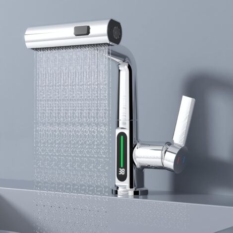 Waterfall Kitchen Faucet with Sprayer Brushed Nickel Stainless Steel Pull Down Kitchen Faucet Rotatable Farmhouse Commercial Bar Faucet, Silver Color