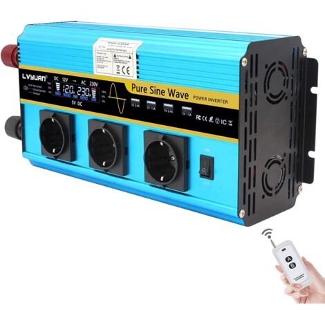2500W/5000W Inverter Pure Sine Wave Voltage Converter 12V 230V Car Power Inverter Converter with LCD, Remote Control, 3 Sockets and 4 USB Ports