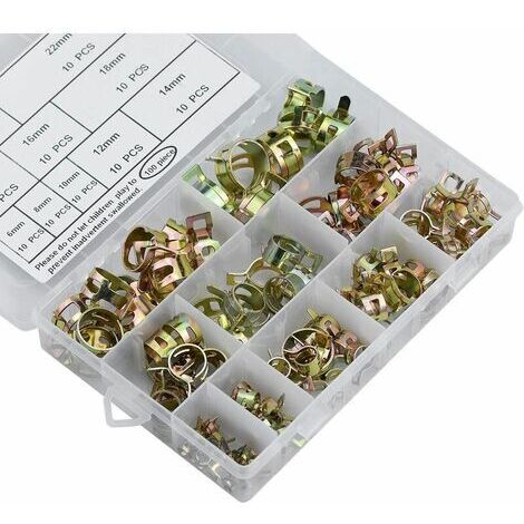 100 Pcs Spring Clips, 6-22mm Hose Clamps Fuel Hose Spring Clip Clamps Adjustable Clamp for Fixing Hoses and Pipes (1/5)