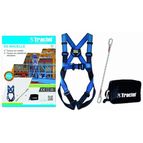 Harnais de sécurité antichute taille M – Kit complet avec longe 1,5m et sac de transport – Capacité jusqu'à 150kg – Normes EN 361 et EN 354 – Tractel